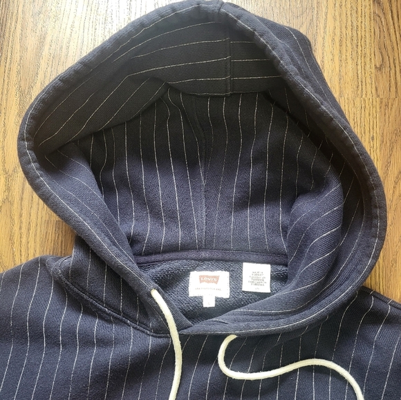 Vintage Levi's Dark Navy Blue White Striped Logo Hoodie - Men's Size L A77 - Picture 3 of 11